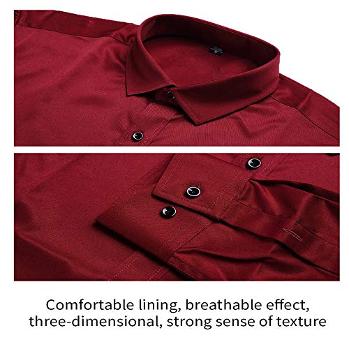 Gdtime Camisas De Vestir De Fibra De Bambú para Hombre Slim Fit Color Sólido Camisas Casuales De Manga Larga Camisas con Botones, Camisas Elásticas Formales para Hombres (Rojo Vino, L)