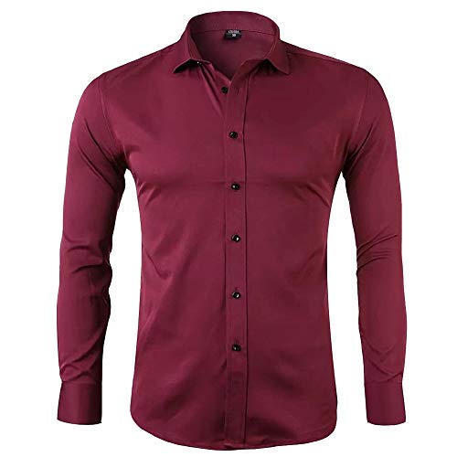 Gdtime Camisas De Vestir De Fibra De Bambú para Hombre Slim Fit Color Sólido Camisas Casuales De Manga Larga Camisas con Botones, Camisas Elásticas Formales para Hombres (Rojo Vino, L)
