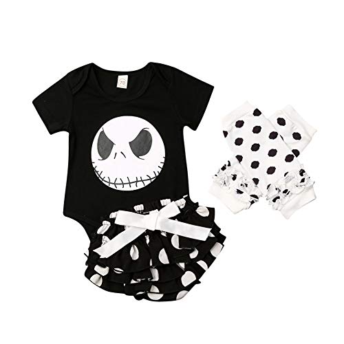 Geagodelia - Ropa para niña de Halloween con estampado de calavera para bebé + pantalones cortos + calentadores Negro 0- 3 meses