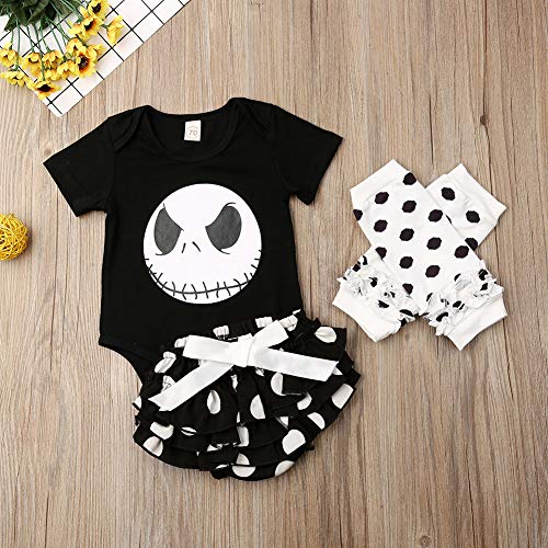 Geagodelia - Ropa para niña de Halloween con estampado de calavera para bebé + pantalones cortos + calentadores Negro 0- 3 meses