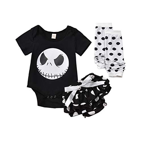 Geagodelia - Ropa para niña de Halloween con estampado de calavera para bebé + pantalones cortos + calentadores Negro 0- 3 meses