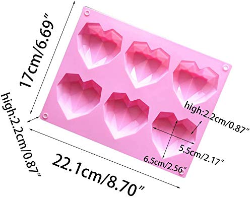 Geeke Silicone Mold 3D Diamond Heart/High Ball/Double Cherry Shaped Bandeja para Hornear Molde Jabón de Chocolate Pastel Postre Herramienta DIY (6cavidades 3D Diamond Heart Shape)