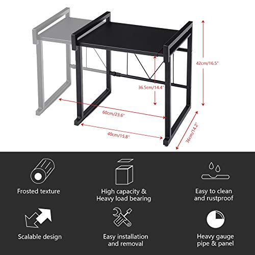 GEMITTO Soporte Extensible para Microondas Estante para Horno de Microondas de Acero al Carbono con 3 Ganchos para Colgar Multifuncional Organizador Estanteria Cocina, 40-60x36x40cm