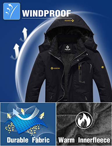 GEMYSE Chaqueta de esquí Impermeable de montaña para Hombre Abrigo de Invierno al Aire Libre de Lana a Prueba de Viento con Capucha (Negro,M)