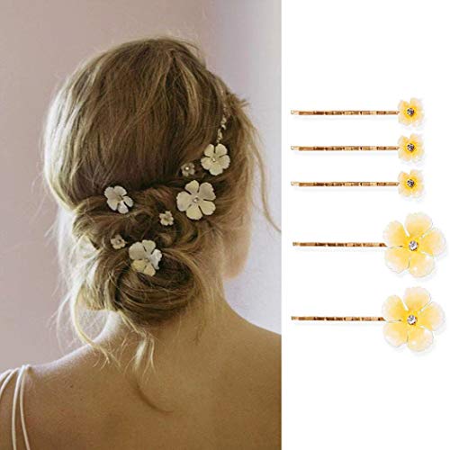 Genglass Horquillas para el pelo de boda, horquilla de flores amarillas, pinzas para el cabello doradas, accesorios para el cabello para mujeres y niñas, paquete de 5
