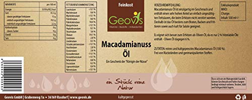 Geovis - Aceite de nueces de macadamia, natural, prensado en frío, la reina de las nueces, ideal para hornear, asar y cocinar, vegano, para una cocina sana