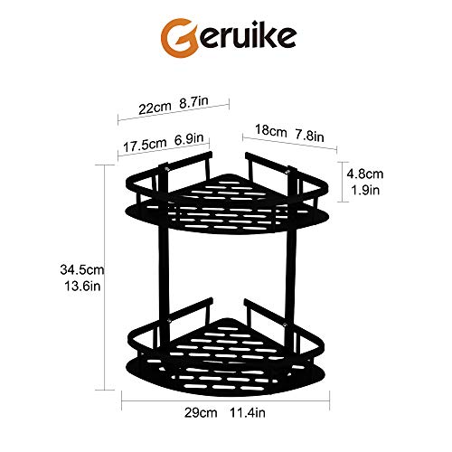 GERUIKE Estanteria Ducha Ducha Estante Baño Cesta Ducha Adhesiva Bandeja almacenaje baño Triangular Cocina Rinconera de Ducha con 2 Ganchos Aluminio Taladro Negro 2 Niveles