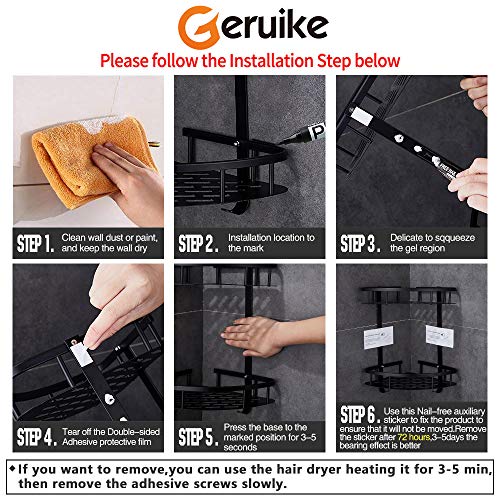GERUIKE Estanteria Ducha Ducha Estante Baño Cesta Ducha Adhesiva Bandeja almacenaje baño Triangular Cocina Rinconera de Ducha con 2 Ganchos Aluminio Taladro Negro 2 Niveles