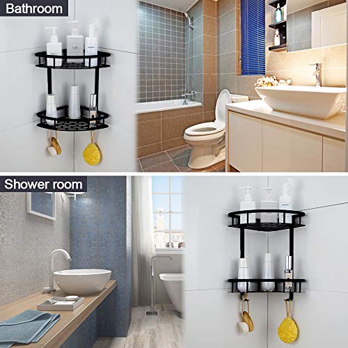 GERUIKE Estanteria Ducha Ducha Estante Baño Cesta Ducha Adhesiva Bandeja almacenaje baño Triangular Cocina Rinconera de Ducha con 2 Ganchos Aluminio Taladro Negro 2 Niveles