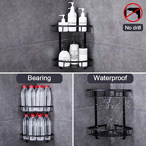 GERUIKE Estanteria Ducha Ducha Estante Baño Cesta Ducha Adhesiva Bandeja almacenaje baño Triangular Cocina Rinconera de Ducha con 2 Ganchos Aluminio Taladro Negro 2 Niveles
