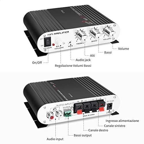 GHB Amplificador Audio coche Mini Amplificador Estéreo para Auto y Casa Uso Dual 200W 2.1 CH MP3 CD DVD