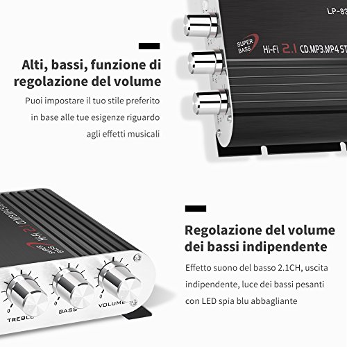 GHB Amplificador Audio coche Mini Amplificador Estéreo para Auto y Casa Uso Dual 200W 2.1 CH MP3 CD DVD