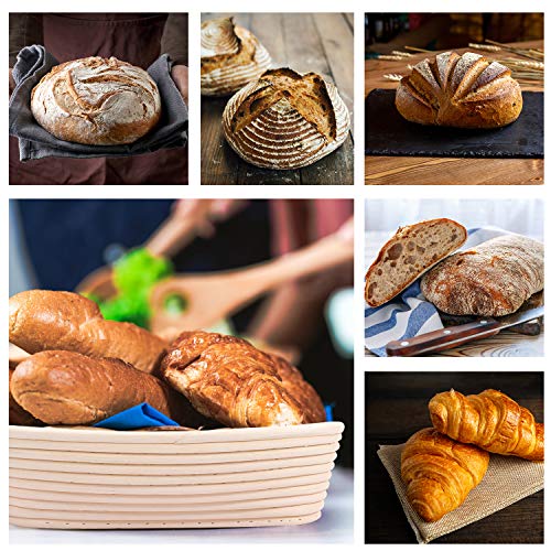 Gifort Cesta de Fermentación de Pan, Banneton Ovalada 750g, Cesta de Ratán Natural para Pan y Masa 28 x 14 x 8 cm con Tela de Lino, Raspador de Masa y Cuchillo de Panadero