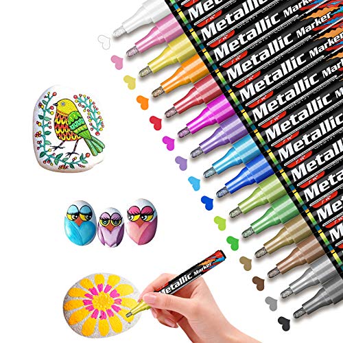 Gifort Rotuladores Acrílicos Permanentes, 15 Colores Rotuladores Pintura Metalizados Acrílica con Punta Fina de 3 mm para Piedra, Madera, Tela, Vidrio, Cerámica, Plastico