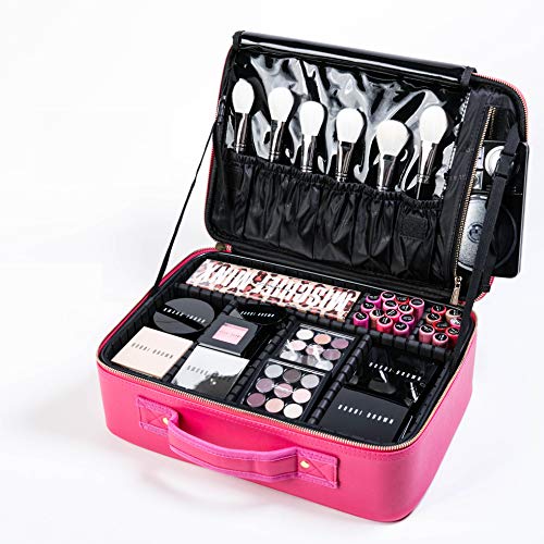 [Gifts for Women] ROWNYEON PU Leather Makeup Bag Professional Makeup Organizers Bag Portable Travel Makeup Case EVA Makeup Train Case Best Gift for Girl (Pink Medium)