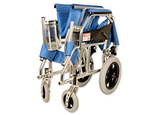 GIMA ref 43250 Silla de ruedas modelo Queen de aluminio, tela azul claro, asiento 46cm, ultra ligera 9.5kg, ruedas delanteras 15cm, ruedas traseras 30 cm con frenos de bloqueo