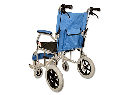 GIMA ref 43250 Silla de ruedas modelo Queen de aluminio, tela azul claro, asiento 46cm, ultra ligera 9.5kg, ruedas delanteras 15cm, ruedas traseras 30 cm con frenos de bloqueo