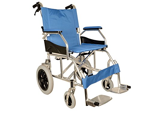GIMA ref 43250 Silla de ruedas modelo Queen de aluminio, tela azul claro, asiento 46cm, ultra ligera 9.5kg, ruedas delanteras 15cm, ruedas traseras 30 cm con frenos de bloqueo