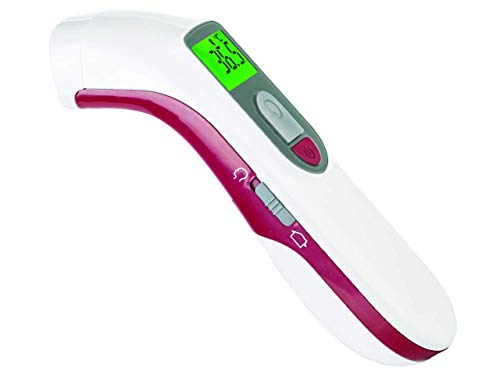 GIMA - Termómetro de fiebre infrarrojo frontal, termómetro láser digital profesional, lectura instantánea, sin contacto, para bebés, niños y adultos, Thermoscanner con alarma, 2 AAA incluidas