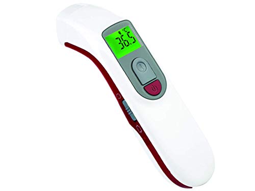 GIMA - Termómetro de fiebre infrarrojo frontal, termómetro láser digital profesional, lectura instantánea, sin contacto, para bebés, niños y adultos, Thermoscanner con alarma, 2 AAA incluidas
