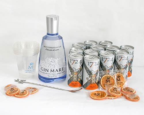 Gin Mare Home Bar (Ginebra 700 ml + 12 Tónicas Premium Seventeen + Naranjas deshidratadas + Vasos + Cucharilla removedora)