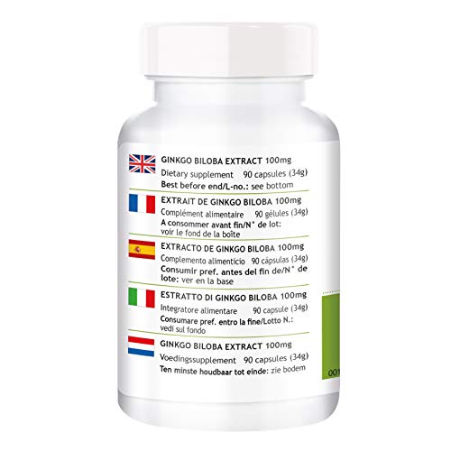 Ginkgo Biloba 100mg – mín. 24% de flavonas y 6% de lactonas – Vegano – 90 cápsulas