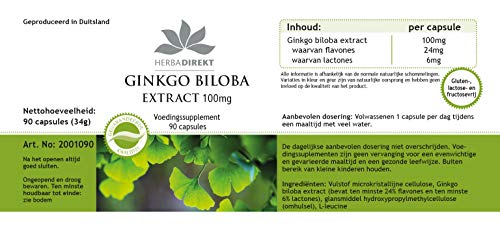 Ginkgo Biloba 100mg – mín. 24% de flavonas y 6% de lactonas – Vegano – 90 cápsulas