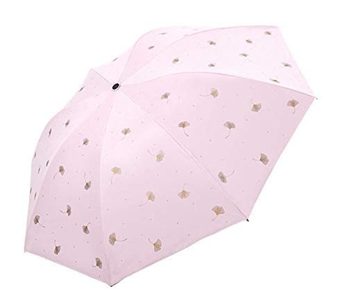 Ginkgo - Paraguas plegable de poliéster con impresión bronceadora, con pegamento negro, 8 marco de acero hueso, resistente al viento, suministros escolares Rosa rosa