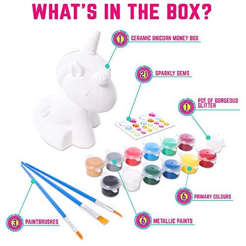 GirlZone Regalos para Niñas - Hucha Unicornio para Pintar - Kit Pintura para Niñas y Accesorios Infantiles -Pinceles, Colores y Gemas - Regalo Original Cumpleaños y Fiestas