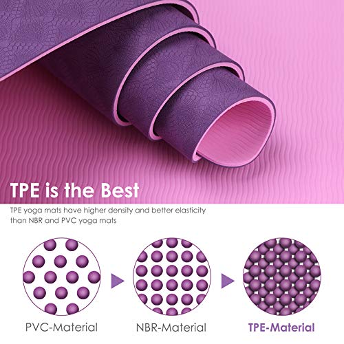 GISALA Esterilla Yoga Antideslizante, Esterilla Deporte Antideslizante TPE de Material Natural con Bolsa y Cuerda, Yoga Mat de 183x61cm, 6mm de Grosor, No tóxico, para Pilate (Morado Oscuro-Morado)