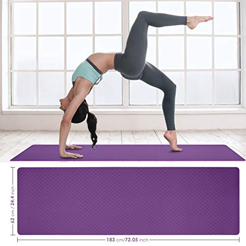GISALA Esterilla Yoga Antideslizante, Esterilla Deporte Antideslizante TPE de Material Natural con Bolsa y Cuerda, Yoga Mat de 183x61cm, 6mm de Grosor, No tóxico, para Pilate (Morado Oscuro-Morado)