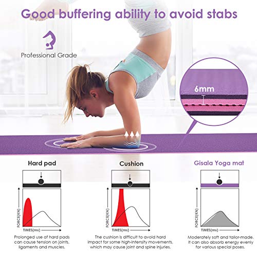GISALA Esterilla Yoga Antideslizante, Esterilla Deporte Antideslizante TPE de Material Natural con Bolsa y Cuerda, Yoga Mat de 183x61cm, 6mm de Grosor, No tóxico, para Pilate (Morado Oscuro-Morado)