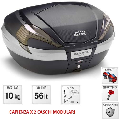 GIVI - Baúl para Casco Modular V56NNT MAXIA 4 Negro Volumen 56 l catadióptricos Ahumado fijación monokey de Aluminio anodizado e inserción Carbono Look 2 Cascos modulares 330 x 480 x 600 mm