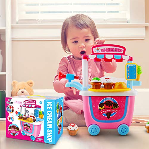 GizmoVine Carrito de Helados Juguetes para 2 3 4 años Niñas, 31pcs Pretender Comida Set de Juegos Niños Actividad & Desarrollo Temprano Educación Regalos (2019 Actualizado)