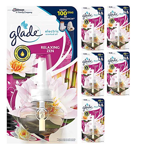 Glade Recambio para Ambientador Eléctrico Líquido con Aceites Esenciales, Aroma Relax Zen, Hasta 100 Días, Pack de 6, Pack de 6