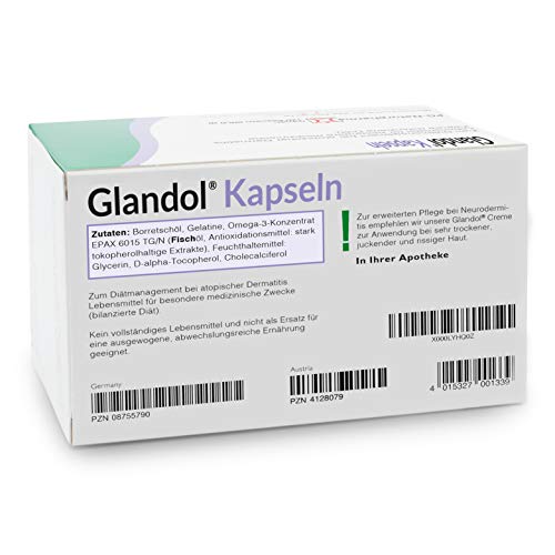 Glandol capsulas 120, para el cuidado del eccema y la psoriasis, rosacea tratamiento, dermatitis atópica, cuidado del eczema, 120 cápsulas de psoriasis