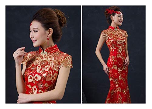 GLANGYU Sexy Fiesta de la boda tradicional vestido de novia rojo de sexo femenino chino larga Manga corta cheongsam delgado de oro chino el qipao for Mujeres (Color : Red, Size : L)