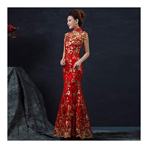 GLANGYU Sexy Fiesta de la boda tradicional vestido de novia rojo de sexo femenino chino larga Manga corta cheongsam delgado de oro chino el qipao for Mujeres (Color : Red, Size : L)