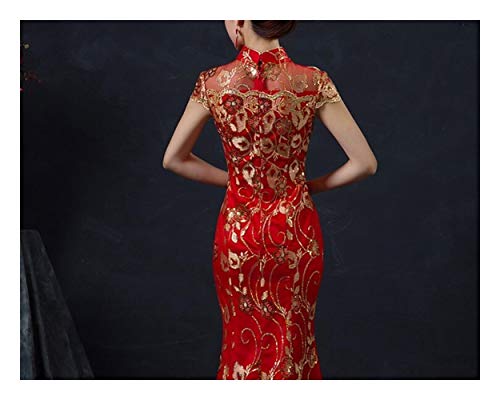 GLANGYU Sexy Fiesta de la boda tradicional vestido de novia rojo de sexo femenino chino larga Manga corta cheongsam delgado de oro chino el qipao for Mujeres (Color : Red, Size : L)
