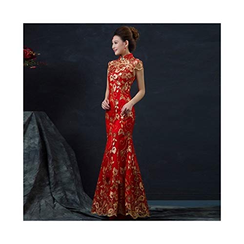 GLANGYU Sexy Fiesta de la boda tradicional vestido de novia rojo de sexo femenino chino larga Manga corta cheongsam delgado de oro chino el qipao for Mujeres (Color : Red, Size : L)