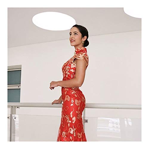 GLANGYU Sexy Fiesta de la boda tradicional vestido de novia rojo de sexo femenino chino larga Manga corta cheongsam delgado de oro chino el qipao for Mujeres (Color : Red, Size : L)