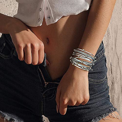 Gleamart Multi-Layer Pulsera de Cuero Perlas Wrap para Mujeres Plata