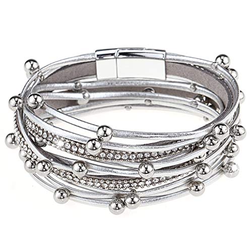 Gleamart Multi-Layer Pulsera de Cuero Perlas Wrap para Mujeres Plata