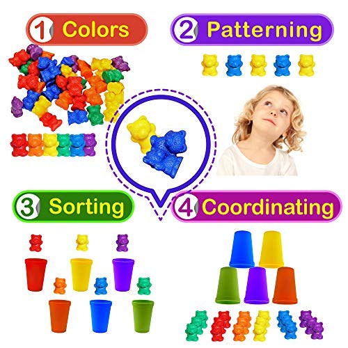 Gleeporte Contar con los Osos de Colores coordinados Ordenación de Las Copas Montessori clasificación y conteo de Juguetes educativos (67 Piezas Set) 60 Osos 6 Copas Bolsa de Almacenamiento