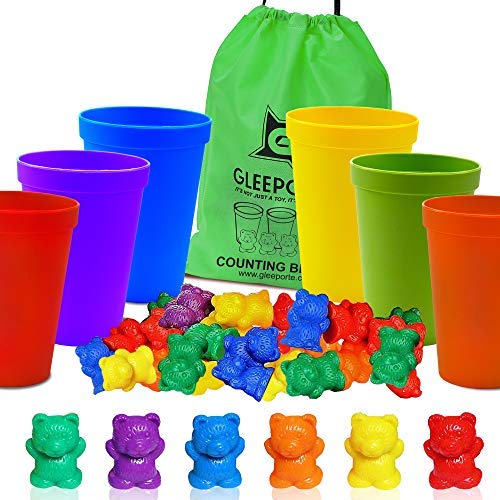 Gleeporte Contar con los Osos de Colores coordinados Ordenación de Las Copas Montessori clasificación y conteo de Juguetes educativos (67 Piezas Set) 60 Osos 6 Copas Bolsa de Almacenamiento