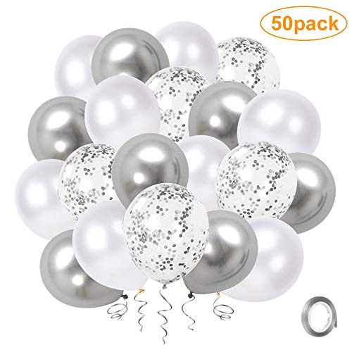 Globos Confeti de Plata Blanca, Paquete de 50 Globos de Fiesta de Cromo Metálico Plateado de 12 pulgadas con Cinta de Plata para Decoraciones de Baby Shower de Cumpleaños de Boda