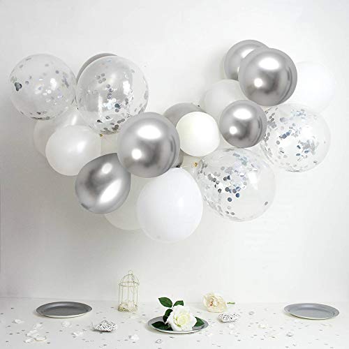 Globos Confeti de Plata Blanca, Paquete de 50 Globos de Fiesta de Cromo Metálico Plateado de 12 pulgadas con Cinta de Plata para Decoraciones de Baby Shower de Cumpleaños de Boda