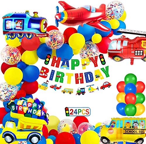 Globos Cumpleaños Decoracione de Niños, Feliz Cumpleaños Decoración Fiesta Cumpleaños Globo de Transporte, Avión Tren Coche de policía Autobús