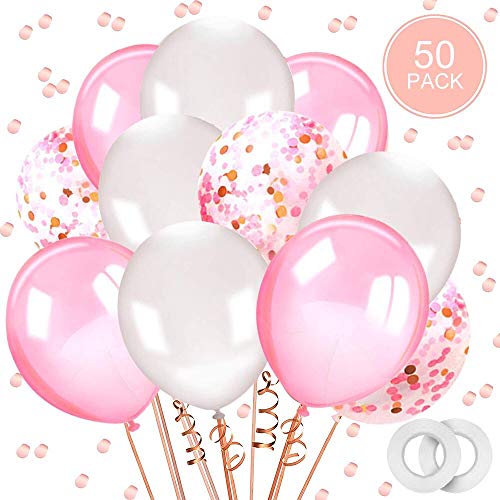 Globos rosa y blanco,AivaTobGlobos de Confeti Globos de látex de 50 piezas 12'' Fiesta para la boda, decoración de cumpleaños, baby shower, día de San Valentín