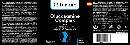 Glucosamina Complex con Condroitina, MSM, Boswellia y Quercetina, 365 Cápsulas | Para el dolor en las articulaciones | No-GMO, GMP, sin aditivos, sin Gluten | de Zenement